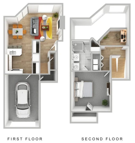 two floor plans with one bedroom and two living areas at The Waterchase Gardens